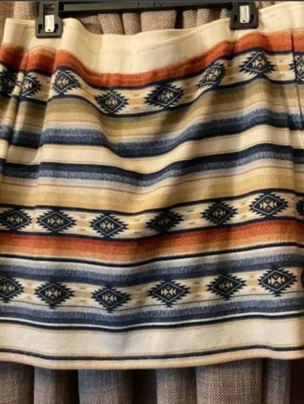 1X Double D Ranch Knit Cow Camp Serape Stripe Skirt Pockets Cream Blue & Rust